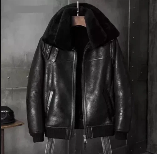 Men's Black B3 RAF Flight Bomber Aviator Sheepskin Shearling Real Leather Jacket - product listing photo