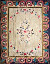 9x12 Antique American Hooked 1850s Ivory Floral Wool Hand Knotted Oriental Rug