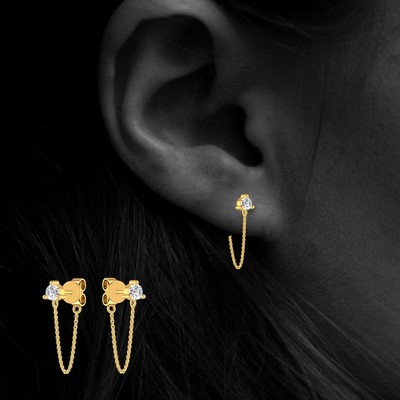 Solitaire Diamond Earrings in 18ct Yellow Gold Chain Wrap Around Drop 0.33ct