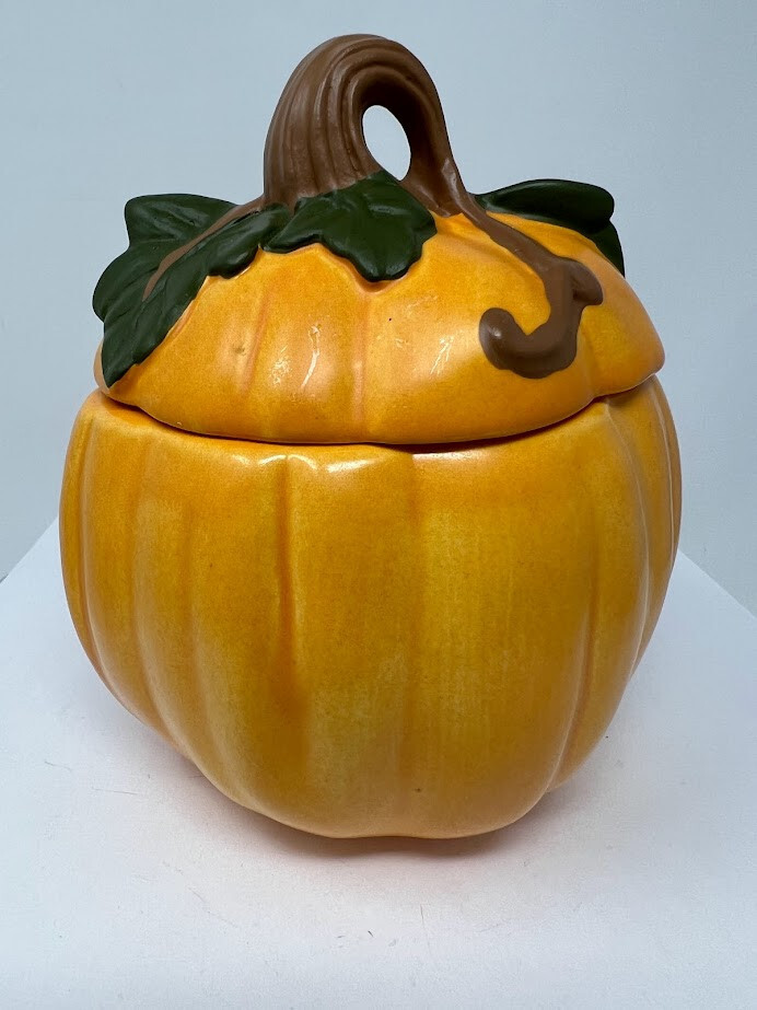 Vintage Halloween Ceramic Pumpkin Jack O Lantern Candle Holder With Lid