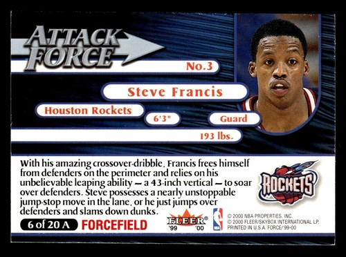 STEVE FRANCIS rockets 1999-00 Fleer Force Attack Force #6A Forcefield (D1) - Picture 2 of 2