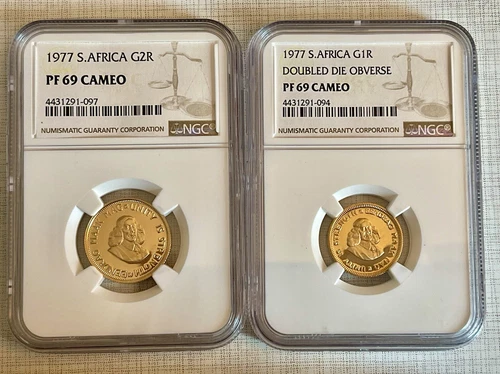 South Africa 1977 Rand & 2 Rand 2pc Gold NGC PF69 Cameo Set Sku# 6116
