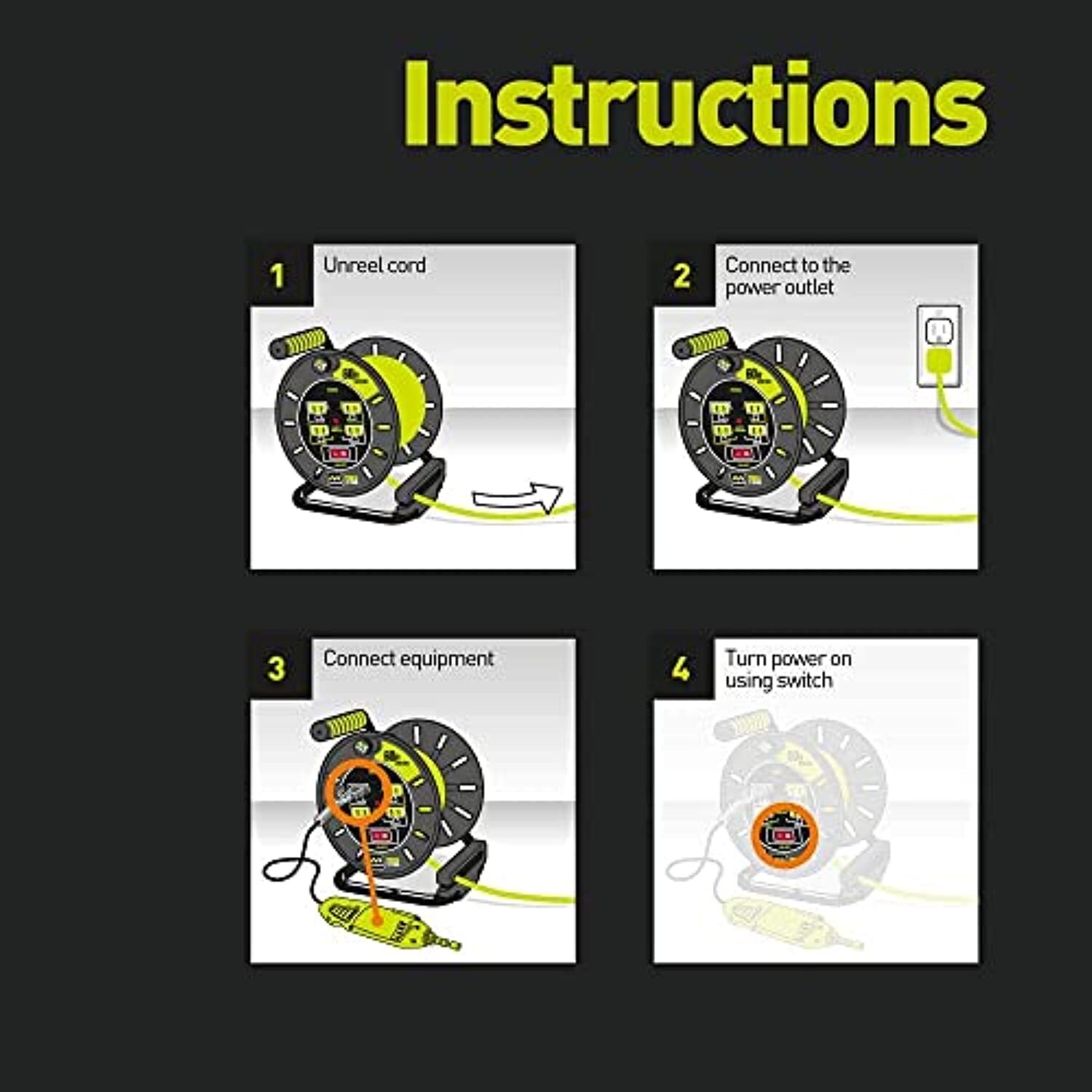 Masterplug Power At Work Four Power Outlets, Open Cord Reel with Winding Handle,