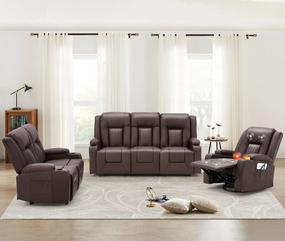 3 PCS Leather Recliner Sofa Set with Swivel Massage Chair Home Theater Seat - Image 2 of 4