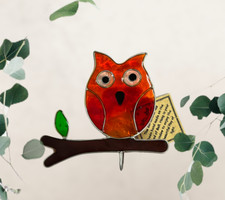 Orange Owl On Branch Glass Suction Suncatcher Garden Home Room Mothers Day Gift