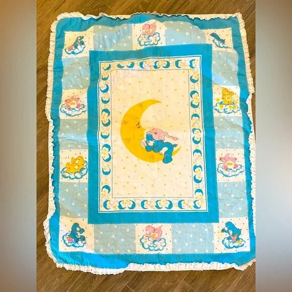 VTG Handmade 80s CARE BEARS Nursery Crib Quilt Toddler Blanket 32x43 White Blue