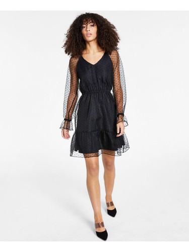 BAR III DRESSES Womens Black Flounce Hem Lined Long Sleeve Short Sheath Dress M
