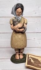 Vintage Folk Art Wood Hand Carved Peasant Woman holding Cat Gingham Fabric Scarf