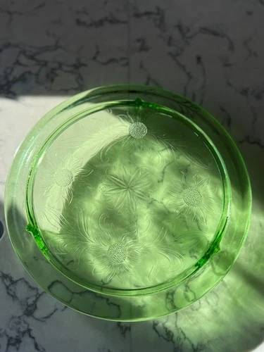 1930s Jeanette Green Glass Sunflower 3-Footed (unique style) Cake Plate, 10"