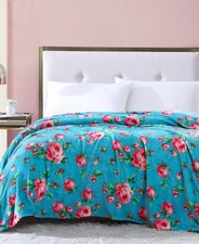 Betsey Johnson TWIN Blanket 60x90" Ultra Plush  BOUQUET DAY  AQUA  PINK ROSES