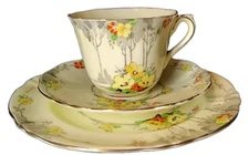 Vintage English Crown Staffordshire Teacup Saucer and Plate Porcelain Floral