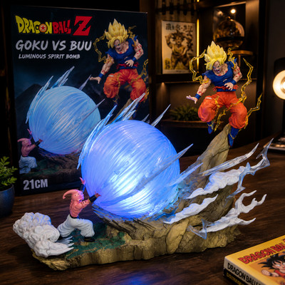 Dragon Ball Goku vs Buu Figure 21cm LED Light Spirit Bomb PVC Statue Toy