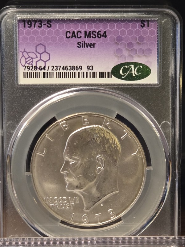 1973 S Eisenhower Silver Dollar, CACG MS64, San Francisco - TraderBea