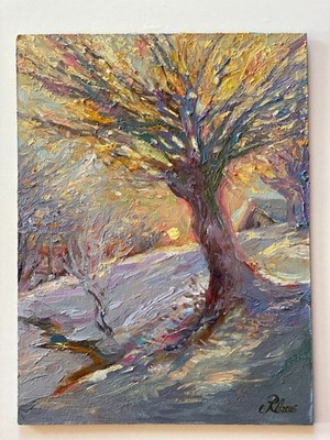 Original Oil Painting Winter Evening 6x8 Hand Painted Landscape on Fiberboard