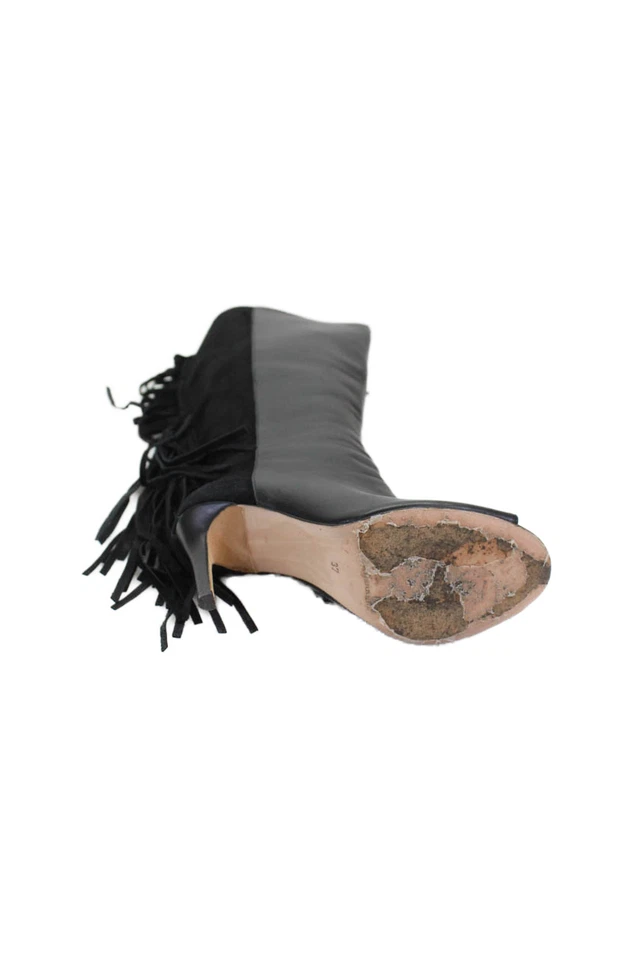 Carolina Herrera Mujer Cuero Flecos Punta abierta Botas Hasta la Rodilla Zapatos Negros Talla 7 Foto 4 de 4