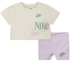 Nike Girls Cream/Green/Lavender 2 Piece Short Set Size 4 3-4 yrs Brand New