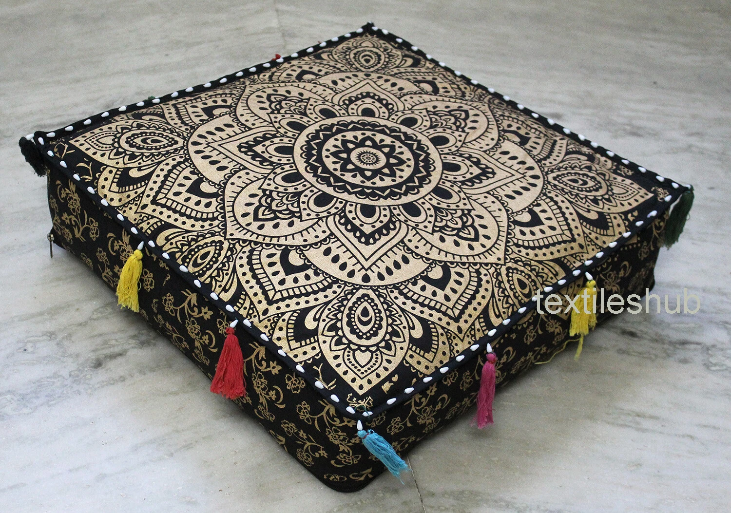 18" Indian Mandala Black Gold Square Floor Pillow Cushion Cover Pet Bed Throw