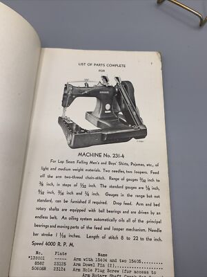 Vintage 1942 SINGER Sewing Machines List of Parts Machine # 231-4