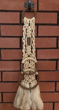 Vintage Macrame 2 Ring Towel Holder 21.5 Inches Long Rings Brown Wooden