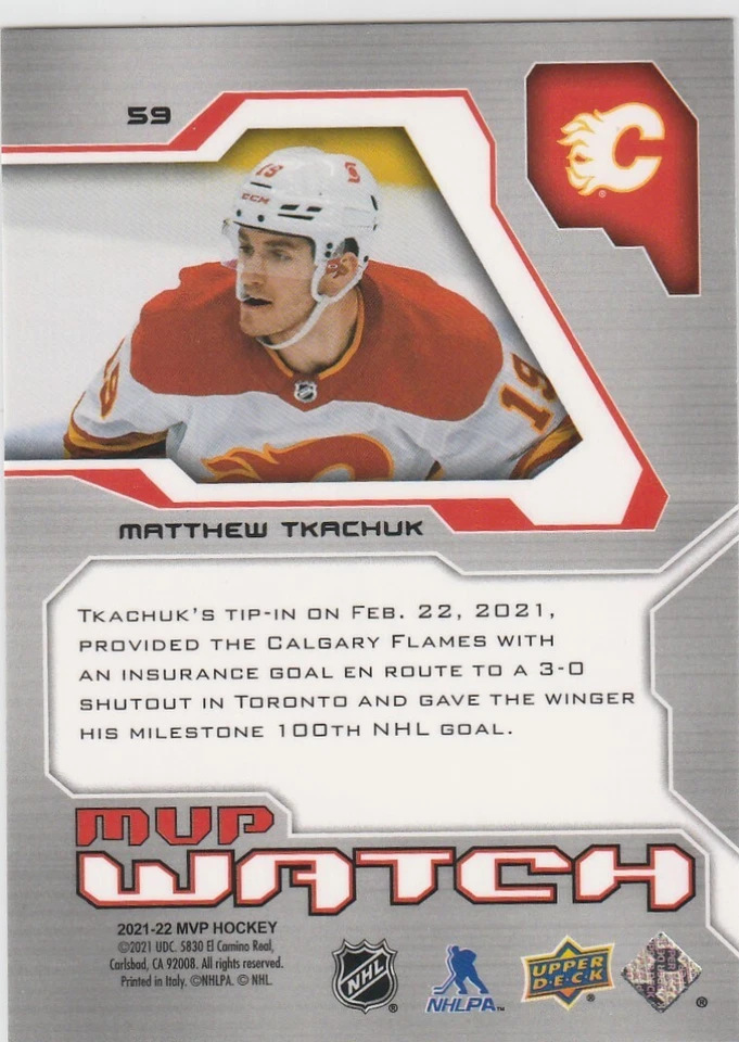 MATTHEW TKACHUK 2021-22 UPPER DECK MVP WATCH GOLD  #59 1:36 PACKS! - Image 2 of 2