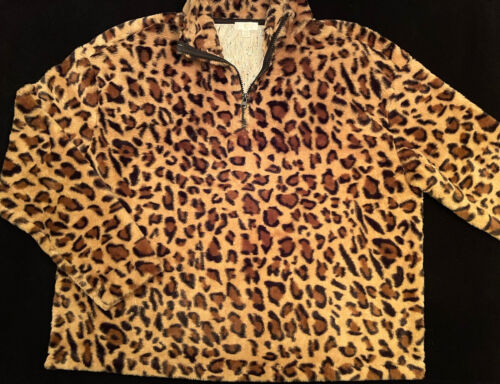 Leopard Print Faux Fur Quarter Zip Pullover - Size XL - New without Tags - Afbeelding 1 van 6