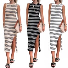 Womens Sleeveless Tank Dress Striped Shirt Dress Ladies Summer Holiday Sundress