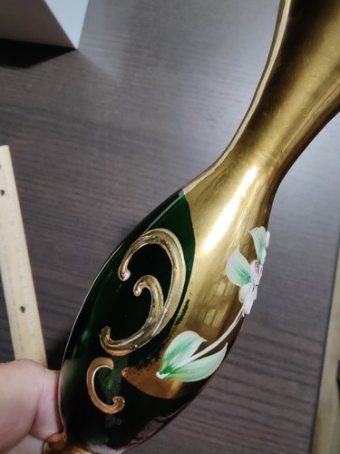 VTG Bohemian Art Glass Vase Green Small Stem Hand Blown Gold Trim Enamel Flowers - Picture 12 of 14