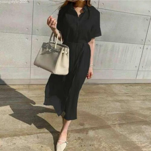 Lady Summer Casual Button-Down Shirt Dress Cotton Linen Long Tunic Beach Kaftan - Bild 5 von 19