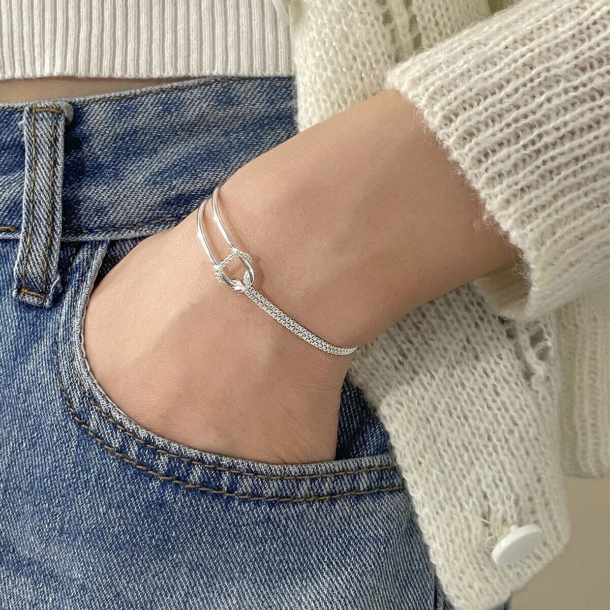 Women Real S925 Sterling Silver 2 Layers Chain Knot Bangle