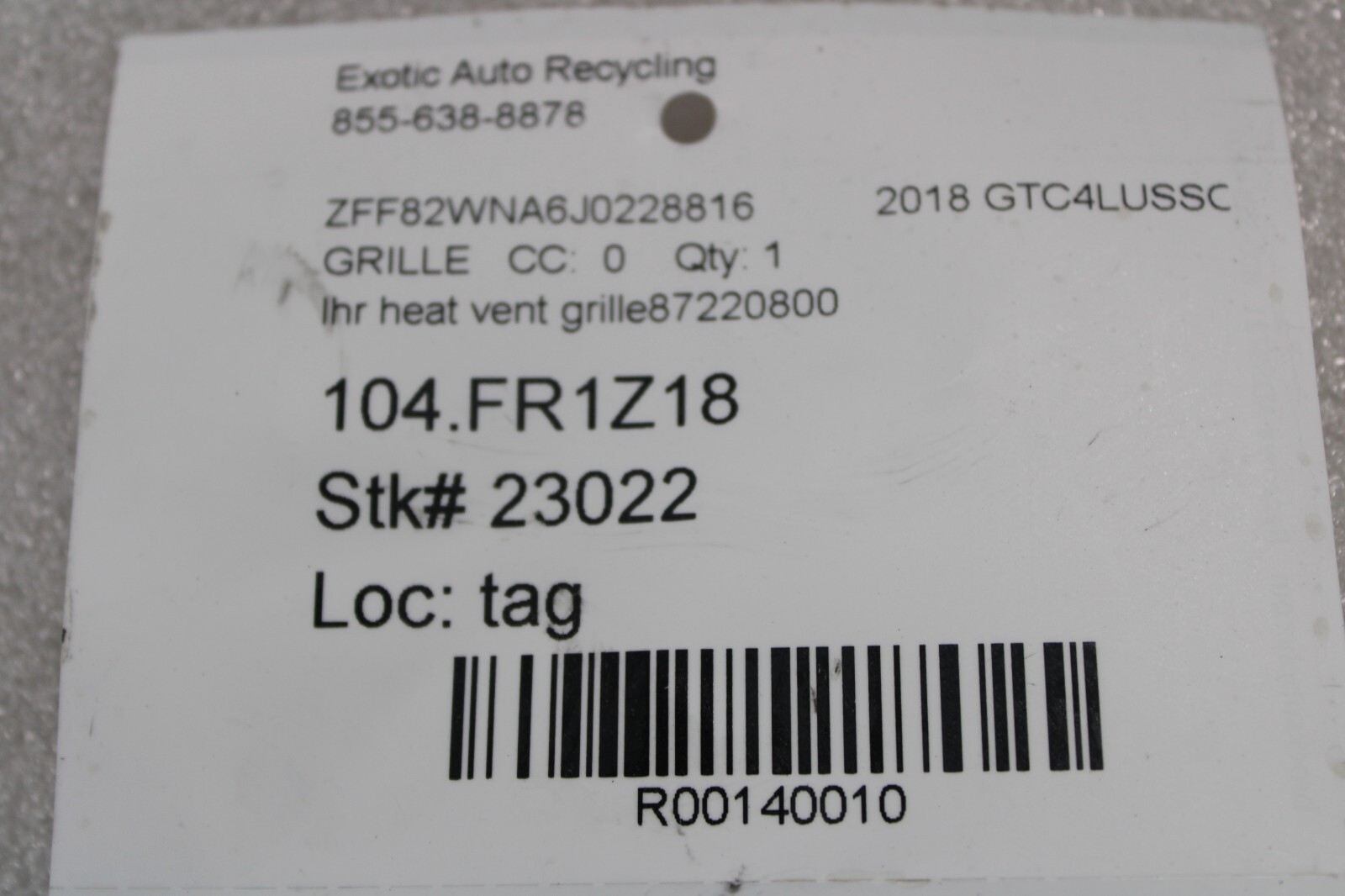 Ferrari GTC4 Lusso,  LH, Rear Bumper Heat Vent Grille, Used, P/N 87220800