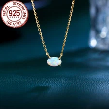 Sterling Silver 925 Solid Opal Oval Pendant Necklace Gold Plated Bridal Jewelry