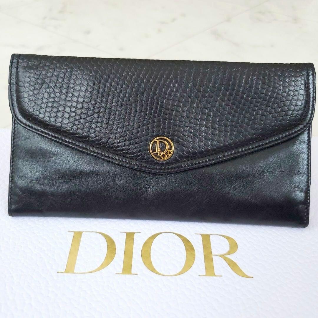 Christian Dior Embossed Leather Black Long Wallet Logo