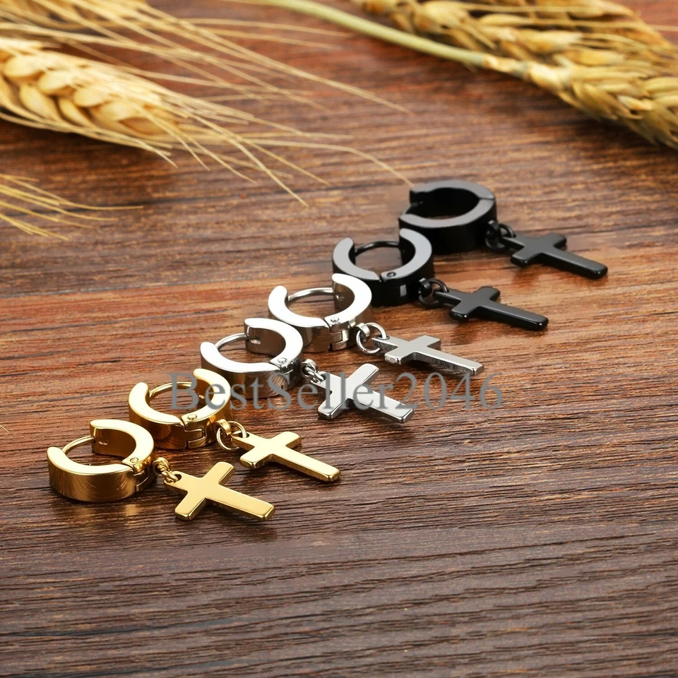 Pendientes de aro con bisagras Huggie colgantes cruzados de acero inoxidable 2 piezas para hombres y mujeres Foto 3 de 4