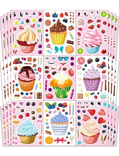 36 Pcs Cupcake Make-a-Face Sticker Sheets | Mix & Match Ice Cream Dessert
