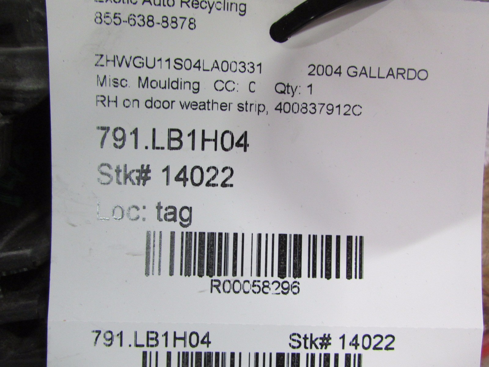 Lamborghini Gallardo, LP550,560,570, RH Door Rubber Weatherstrip Seal,400837912C