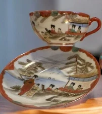 VTG Eggshell Porcelain TASHIRO tea Cup Kutani Ware Saucer JAPAN Hand Painted