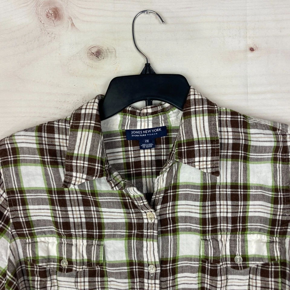 Jones New York Top Womens 2X Plus Linen Plaid Button Up Shirt Long Sleeve Collar - Image 2 of 4