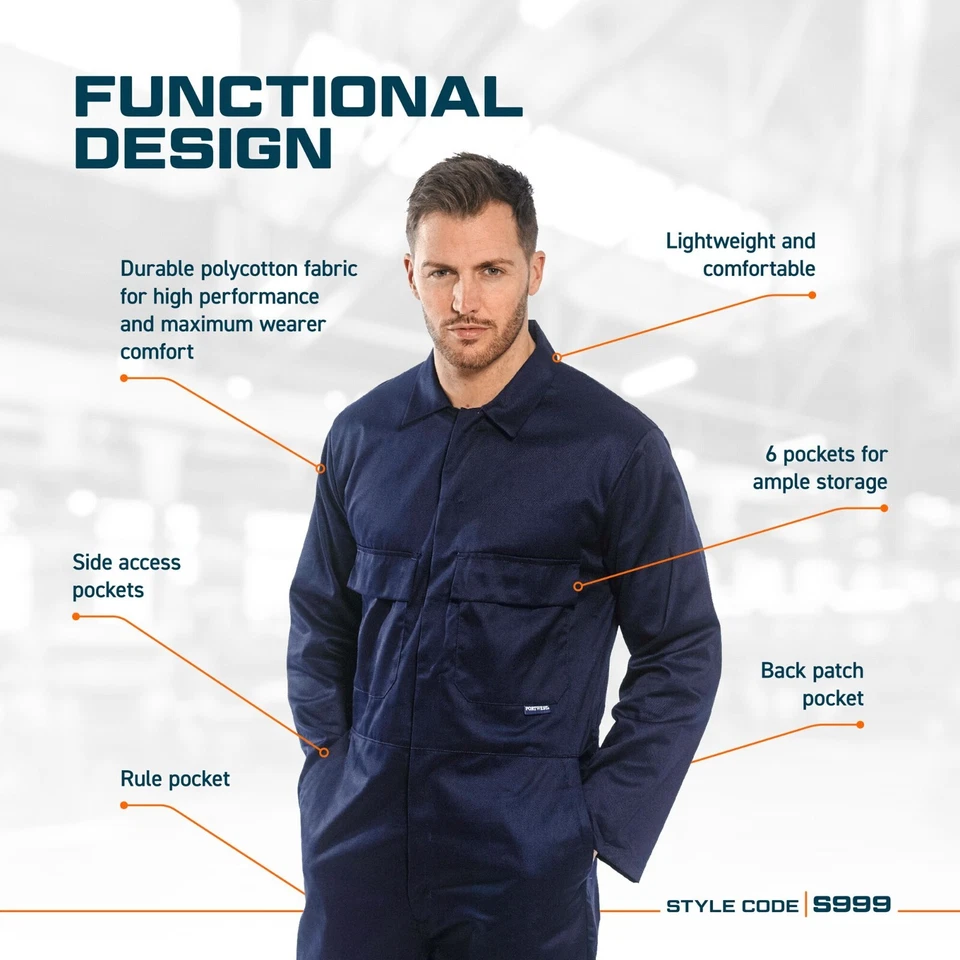 Portwest S999 Men's Work Coveralls Protective Polycotton Overalls Mechanics DIY - Image 2 of 4