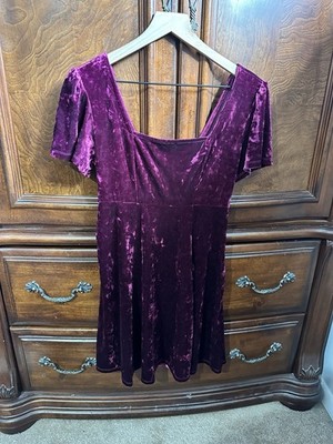 Whimsigoth Burgundy Crushed Velvet Mini Dress Scoop Neck Cottagecore goth Size S