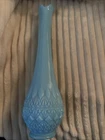 OVG by Fenton Milk Glass Blue Swung Vase Diamond Pedestal 13” Tall Collectible