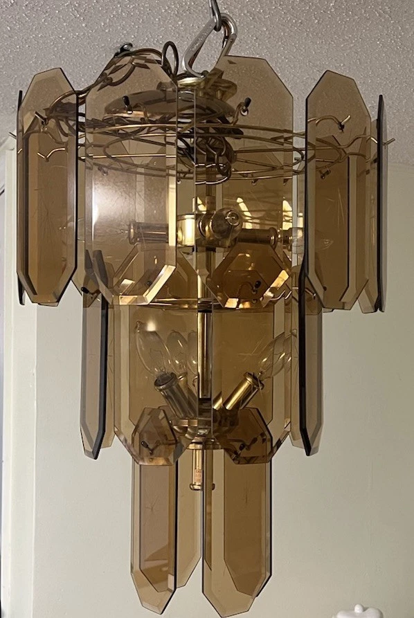 Vtg 7-light Brass & Smoked Etched Glass Chandelier Tiered Light Fixture Amber - Image 2 of 4