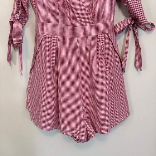SEEK The Label Romper Womens M Red Gingham Wrap Slit Sleeve Beach Cottagecore - Picture 5 of 9