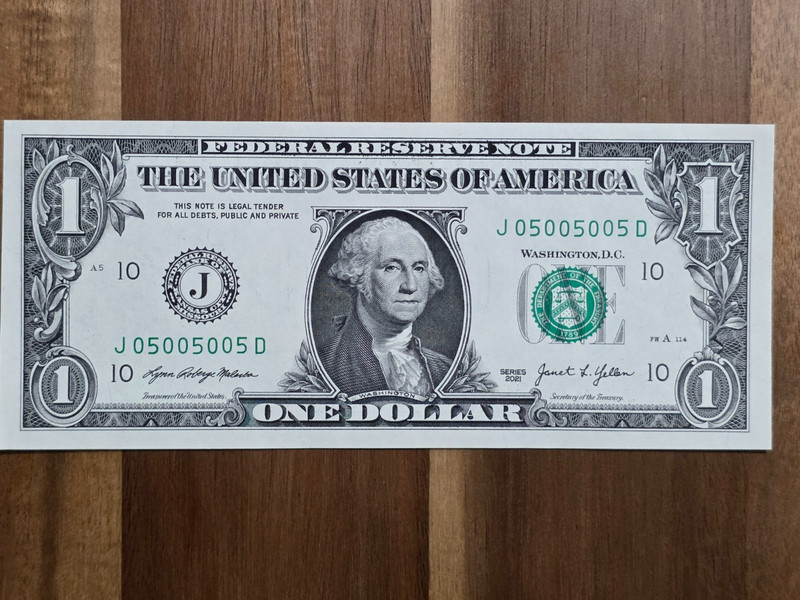 2021 $1 fancay serial number J04999909D trinary with 5 of kind 9s UNC