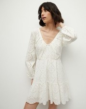 Veronica Beard White Eyelet Lace Mini Dress V-Neck Long Sleeve Tiered Scallop
