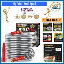 25ft Stainless Steel Garden Hose Heavy Duty Kink-Free Nozzle Rustproof