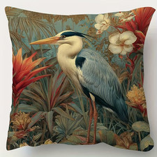 GREAT BLUE HERON Botanical Tropical Bird Pillow Cover  18"x 18" Lux DS Plush