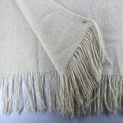 Mohair Wool Blend Blanket Wool Woven Fringed Lap Throw Off White 45 x 66 in