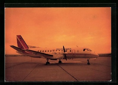Postcard of a Saab 340 airplane operated by Deutsche BA at the airport