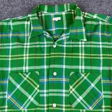 Beams Plus Japan Shirt Mens L Green Plaid Camp Loop Collar Seersucker