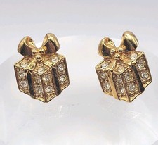 Vtg Avon Christmas Earrings Gift Box Rhinestone Postback Stud Goldtone